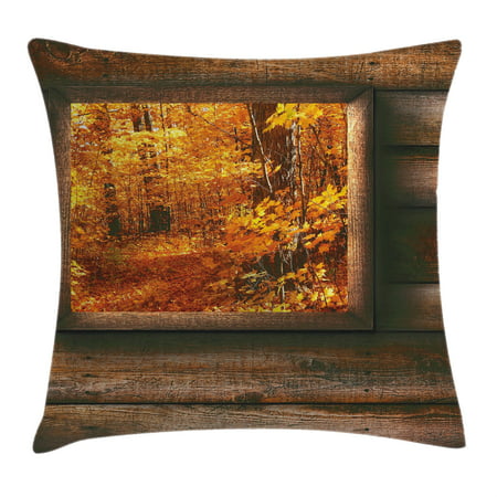 Fall Decorations Throw Pillow Cushion Cover, Fall Foliage View from Square Shaped Wooden Window inside Cottage Photo, Decorative Square Accent Pillow Case, 18 X 18 Inches, Orange Brown, by