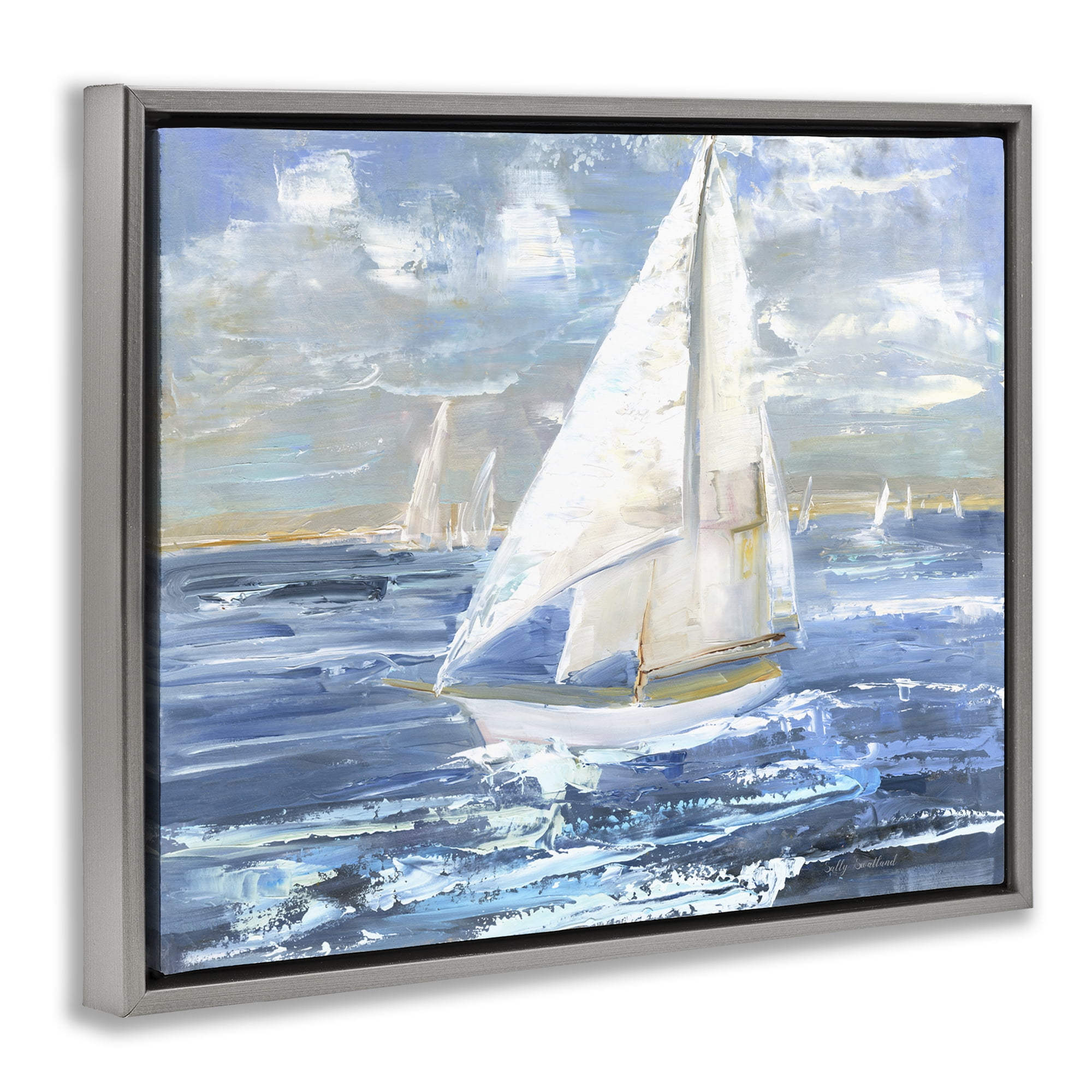 Stupell Industries Sailing Choppy Waves Nautical & Beach Painting Gray Floater Framed Canvas Art Print Wall Art, 21 x 17