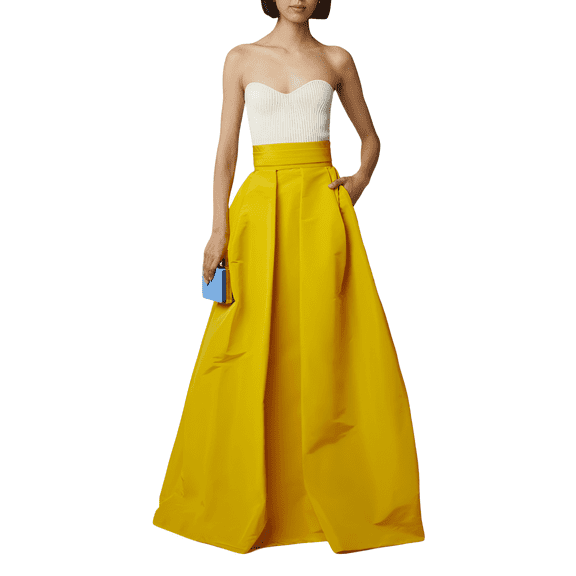 Womens Handmade Long Yellow Pleated Maxi Christmas Skirt with One Pocket