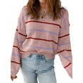 thumbnail image 2 of Womens Striped Ribbed Edge Sweater Long Sleeve Crewneck Drop Shoulder Fall Sweaters Top Pink S, 2 of 6