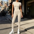 thumbnail image 4 of QIYAGBSA Workout Sets for Women Short Sleeve Crew Neck Top High Waist Leggings Stretch Athletic Two Piece Outfit (Beige, S), 4 of 6