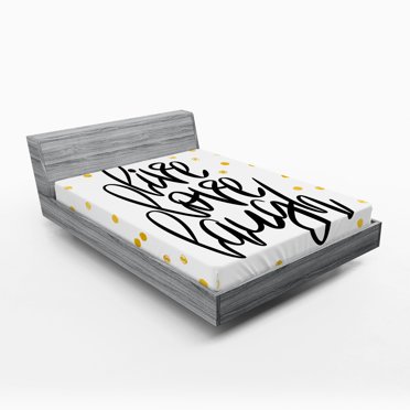 Ambesonne Live Laugh Love Fitted Sheet, Phrase Dots, Queen Size, Black White Yellow