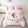 thumbnail image 2 of Homewish Butterfly Monogrammed E Twin Bedding Sets 7-Piece for Kids, Romantic Pink Initial Letter Bedding Comforter Set, Cartoon Theme Reversible Sheet Sets, Breathable Home Decor, 2 of 7
