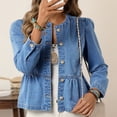 thumbnail image 2 of Sewkxo Women's Peplum Denim Jackets Collarless Round Neck Button Down Cropped Ruffle Hem Jacket,Blue 2XL, 2 of 7