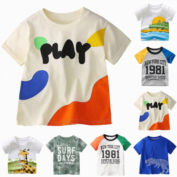 YDFCWXW Kids Summer Crew Neck Short Sleeve Graphic T-Shirt for Toddler Boys 18 Months-12 Years (White, 5-6 Years)