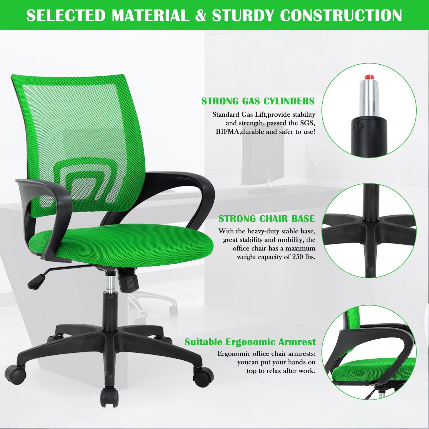 YRLLENSDAN,Ergonomic Office Chair,Home Office Desk Chairs,Swivel Desk Chair,with Handrails,Adjustable Height,Suitable for Offices and Bedrooms,Green