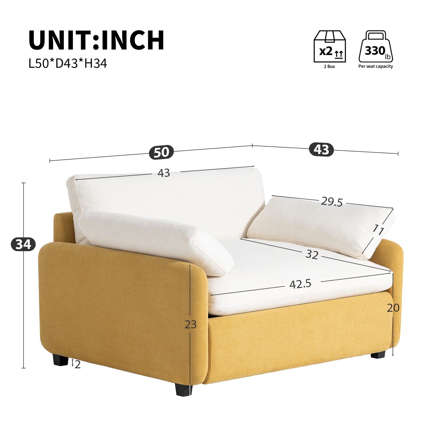 Leumius 50" Oversized Single Sofa Chair, Upholstered Chenille Accent Chair with Wide and Deep Seat, Modern Comfy Armchair,with Pillows for Living Room,Apartment,Bedroom,Yellow+Cream