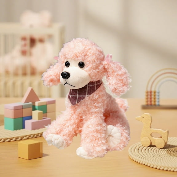 Gallickan Dog Plush, 11 Inch Scarf Poodle Stuffed Animal Dog with Knit Scarf, Realistic Fluffy Toy for Wedding Decor, Christmas Birthday Gift, Pink
