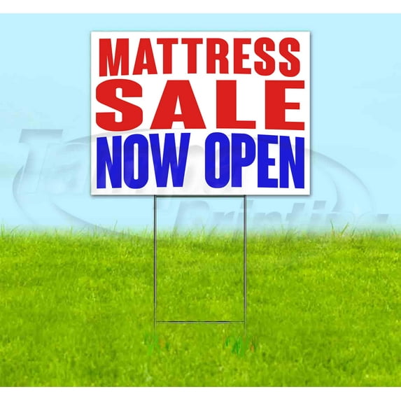 Mattress Sale Now Open (18" x 24") Yard Sign, Includes Metal Step Stake
