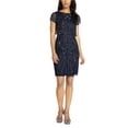 thumbnail image 1 of ADRIANNA PAPELL Robe Fourreau de Fête au-Dessus du Genou pour Femmes, Bleu Marine, Perles, Fermeture Éclair, Superposition Festonnée, Manches Courtes, Encolure Bateau, 2, 1 of 1