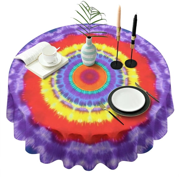 Rainbow Tie Dye Mandala Pattern Round Tablecloth 60"x60",Wrinkle Wipeable Table Cloth for Kitchen Dining Room Picnic Patio Party