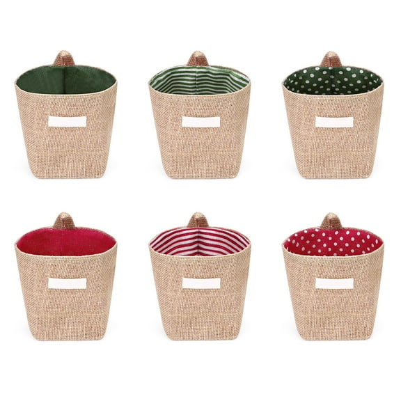 Sekonow 6 Pack Hanging Basket, Small Wall Storage Baskets for Organizing, Burlap Foldable Hanging Organizer Bag Boho Wall Decor with S Hooks for Sunglasses Wallet Key Pen
