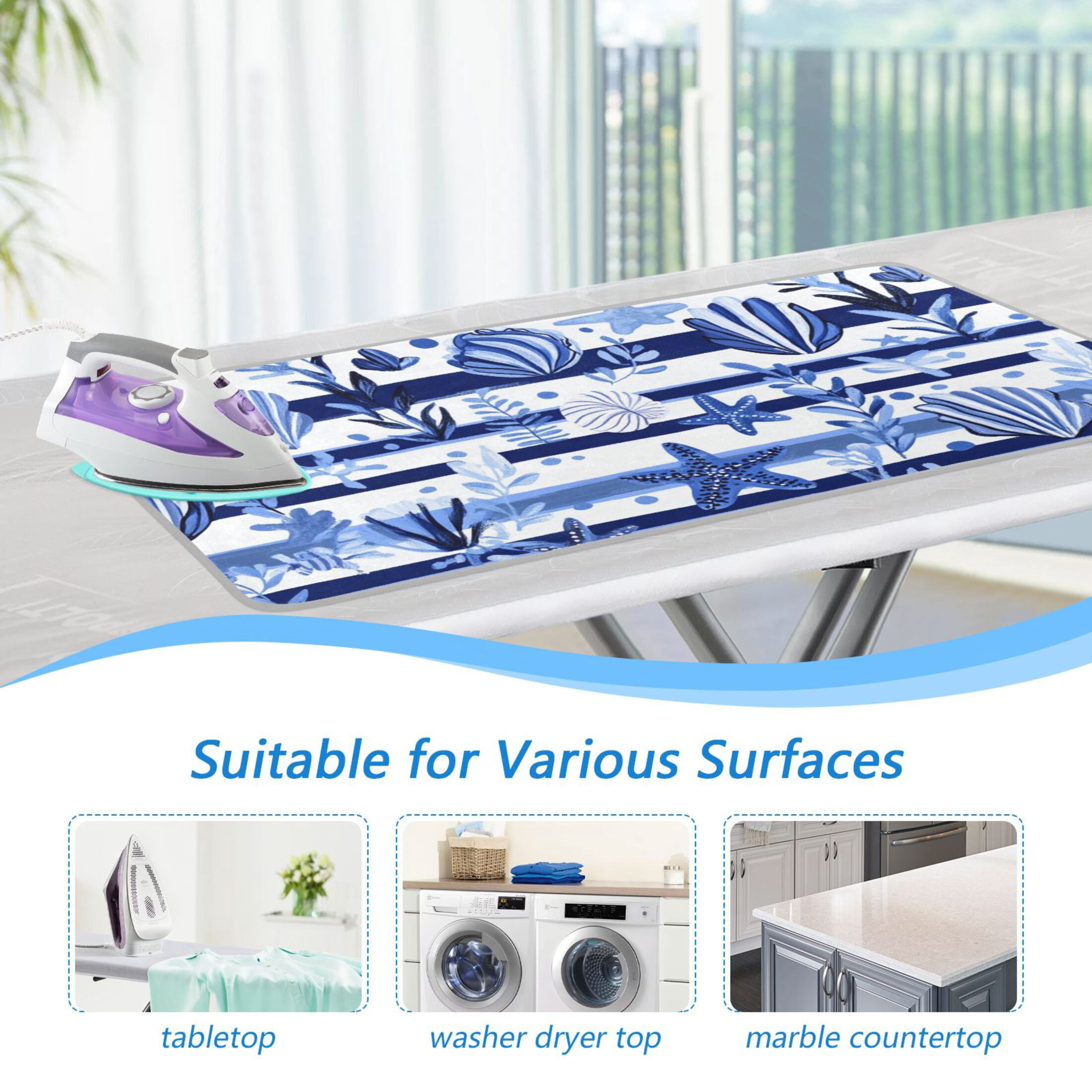 Navy Blue Stripes Leaves Starfishes Shells Ironing Mat Blanket Portable Travel Ironing Pad Heat Resistant Pad 47.2" x 27.6”