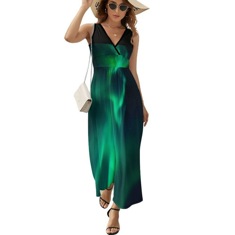 xiaoou 2025 dresses prom dress women for dress dress Sleeveless Alaska Green Sky Night Borealis Aurora Lights Northern, Women's, Size: 2XL