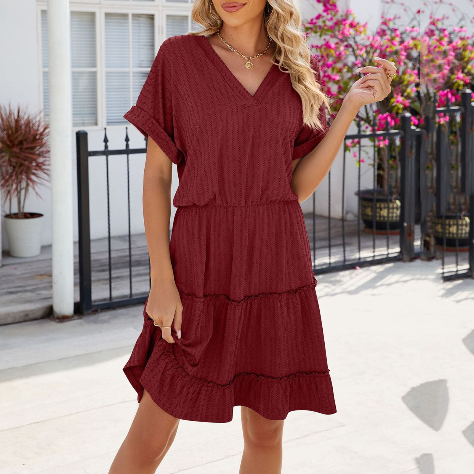 Womens Dress Womens Business Casual Dresses Women Casual Fashion Solid Color Dress V Neck Short Sleeve Shirt Dress Adult Female Clothes Red Size L
