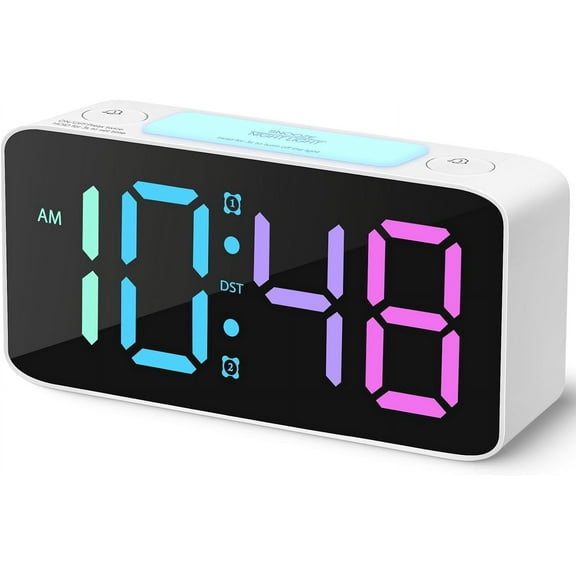 Super Loud Alarm Clock for Heavy Sleepers Adults,Digital with 7 Color NightLight,Adjustable Volume,USB Charger,Small Clocks Bedrooms,Ok to Wake Up Kids,Teens (White RGB)