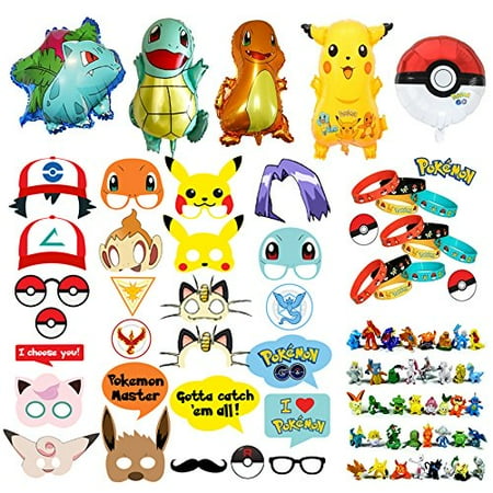 Pokemon Party Supplies Bundle Favors Pack 24 Figures,12 Bracelets, 5 Balloons and 26 Photo Booth Props Suitable for Birthday Theme