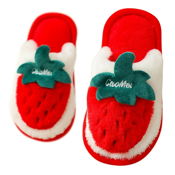 XXWXYD Toddler Velvet Slippers Winter Warm Anti-Slip Indoor Shoes for Kids Boys Girls, Plush Soft Fur House Slippers with Strawberry Cute Design