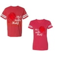 thumbnail image 1 of He she is My Better Half Unisex Couple Matching Cotton Jersey style T-Shirt Contrasting stripes on sleeves (Men Red / Women Red) (Men L / Women S), 1 of 3