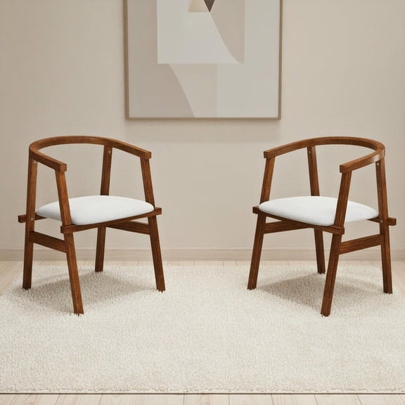Resenkos Set of 2 Dining Chairs with Wrap-Around Armrests and Solid Rubberwood Frame, Walnut and Beige