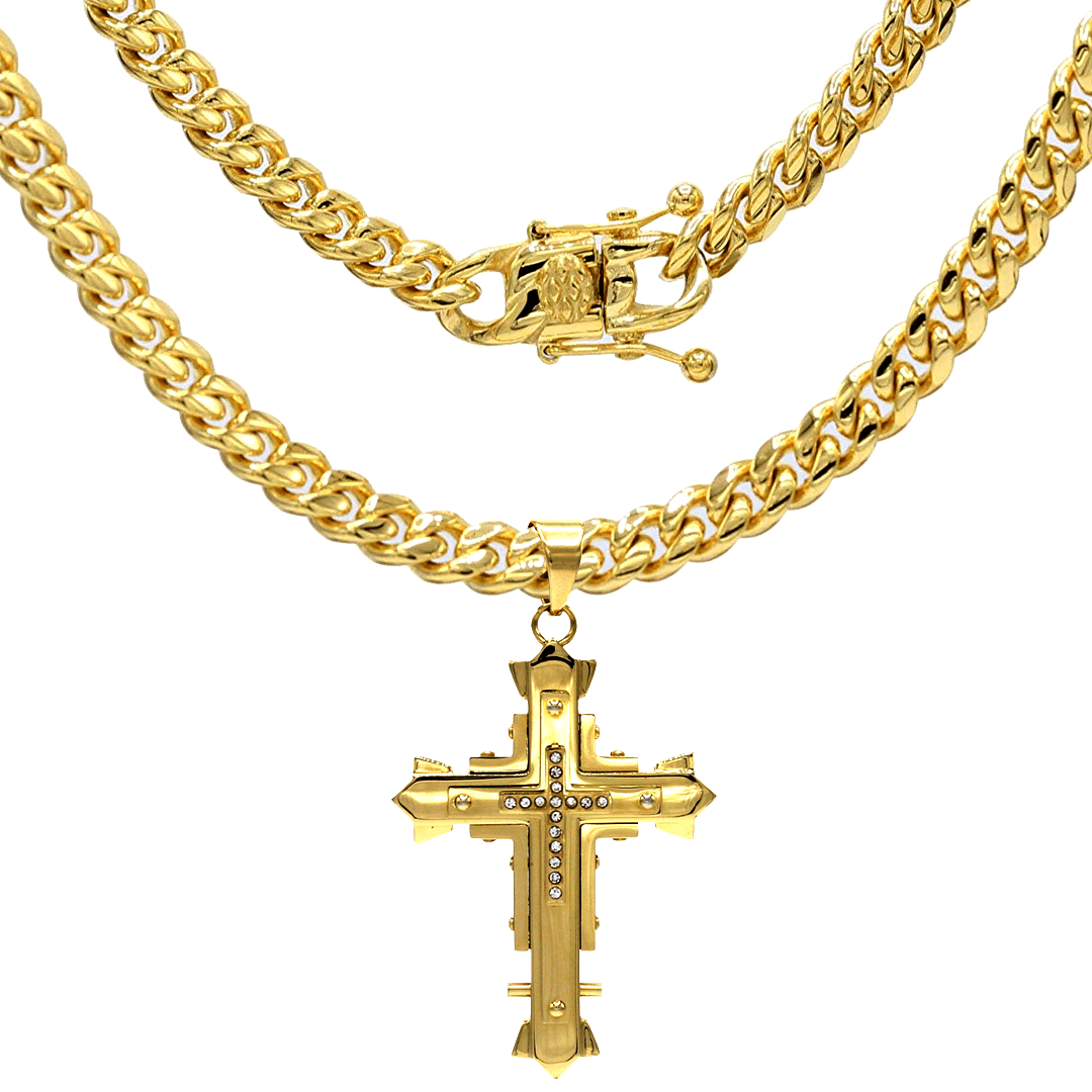 Double Accent 316L Stainless Steel CZ Pave Setting Cross Pendant Necklace Chain 20, 24, 30 inches