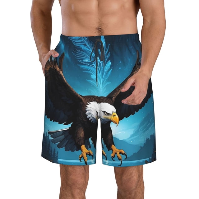 Balery Night Sky Forest Bald Eagle Traje de Baño Estilo Hawaiano para Hombre, Shorts de Secado Rápido con Bolsillos-Small