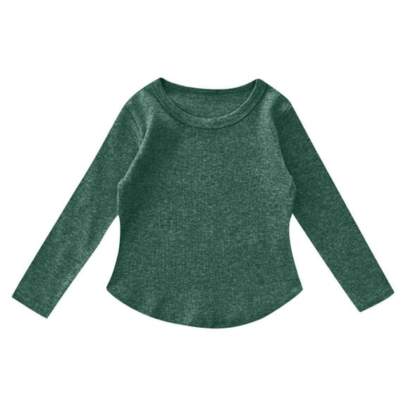 Hjtefg Girls Morandi Color Tunic Top, Long Sleeve Arc Hem Shirt with Side Slits, Korean Style Basic Round Neck Blouse for Autumn, Soft Textured Fabric Tee,Color: 2-Dark Green Size: 4-5 Years