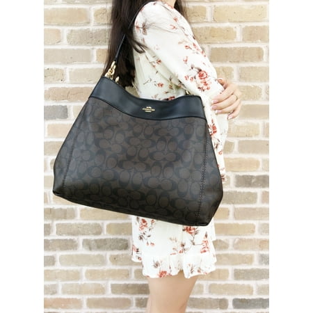 Coach F27972 Lexy Shoulder Bag Brown Signature Black Leather Trim