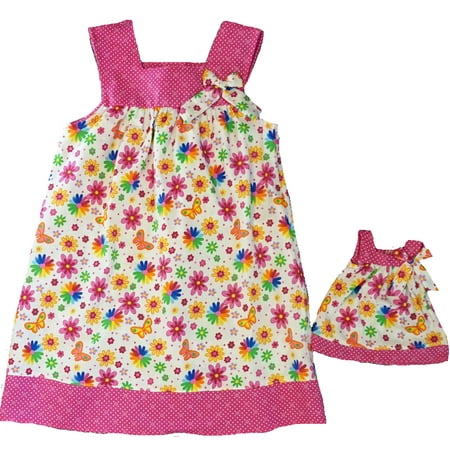 Size 10 Matching Girl And Doll Bright Flower And Butterfly Dresses