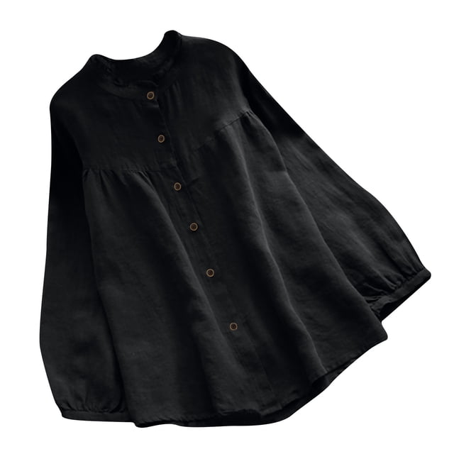 Fall Cotton Linen Tops for Women Long Sleeve Round Neck Solid Color Casual Loose Blouses Ruffle Button Down Shirts