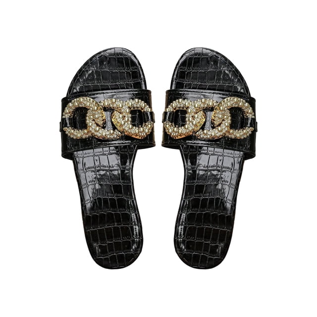 Sandalias planas doradas con cadena gruesa y efecto cocodrilo para mujer OYOANGLE