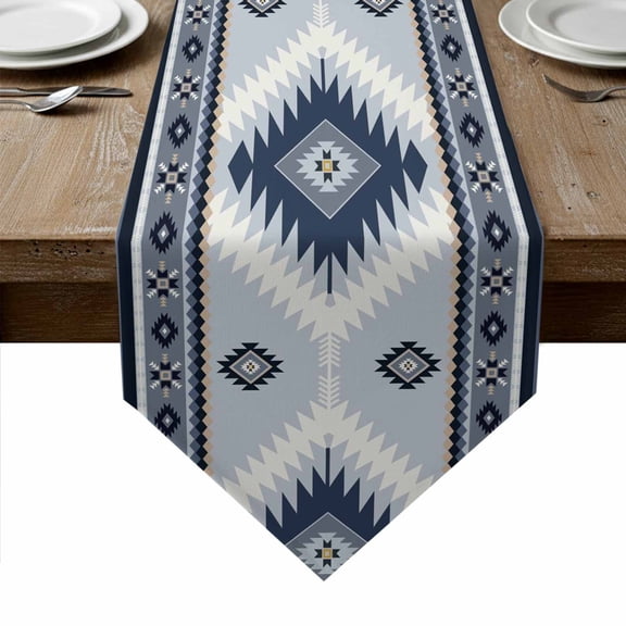 Blue Gray Boho Table Runner Linen Burlap Table Runner 60 Inches Long Southwestern Ethnic Abstract Geometric Dresser Scarves for Kitchen Island Coffee Dining Room Party Wedding Holiday Decor 13"x60"