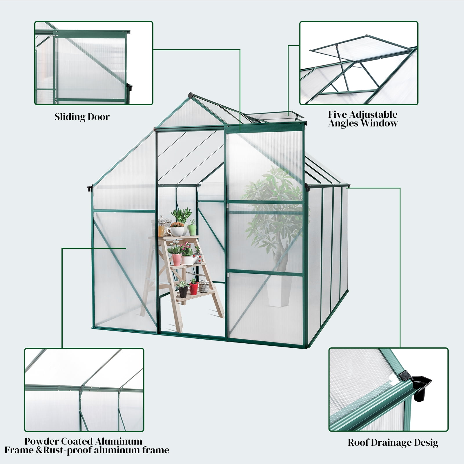UBesGoo Garden 6x8ft Hybrid Polycarbonate Greenhouse for Garden Green