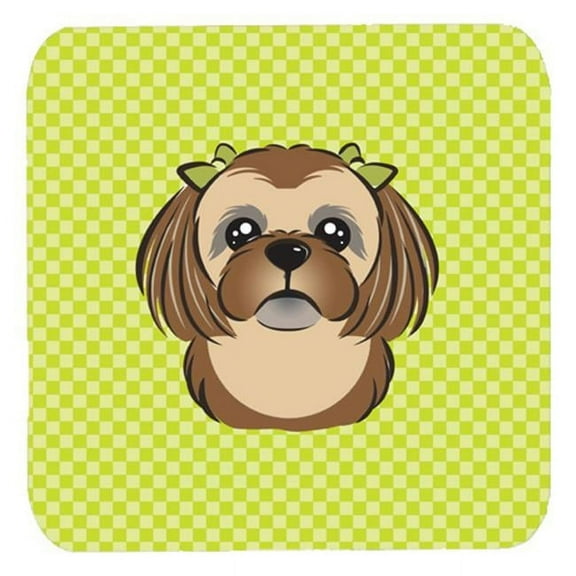 3.5 x 3.5 In. Checkerboard Lime Green Chocolate Brown Shih Tzu Foam Coasters, Set Of 4