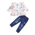 thumbnail image 1 of 2 Pieces Kids Suit Set, Floral Print Round Neck Long Sleeve Top and Ripped Jeans for Girls, 1 of 1