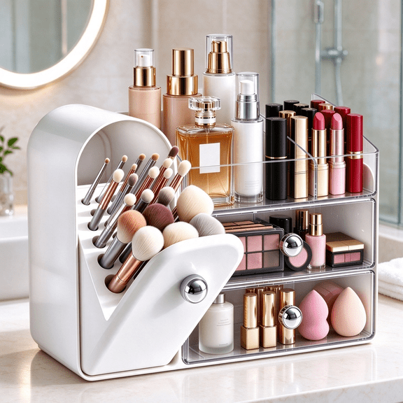 Makeup Organizer with Brush Holder, Countertop Vanity Organizer with 2 Drawers, Cosmetic Storage Organizer for Lipstick, Perfume, Skincare, White
