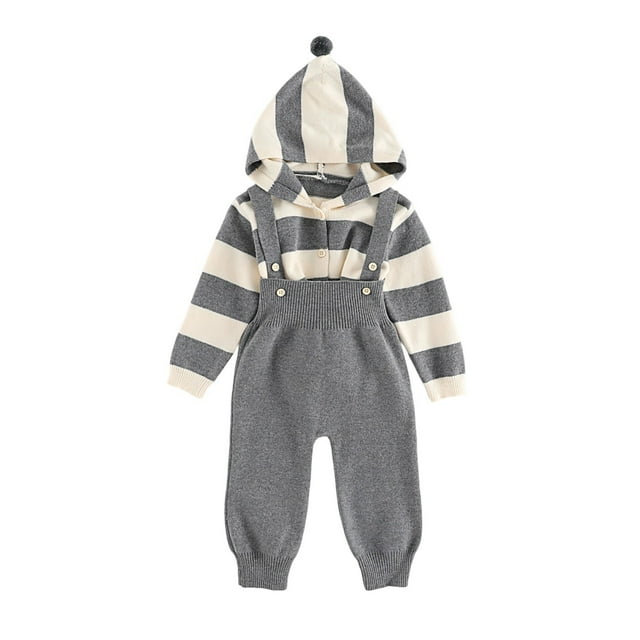Infant Boy's Spring And Autumn Baby Clothes With Adjustable Waistband Pants Set Knitted Wool Sweater With Color Striped Pattern Baby Coat Suitable For 0 18 Months Old. Boy Set Clothes Gray 0-3 Months