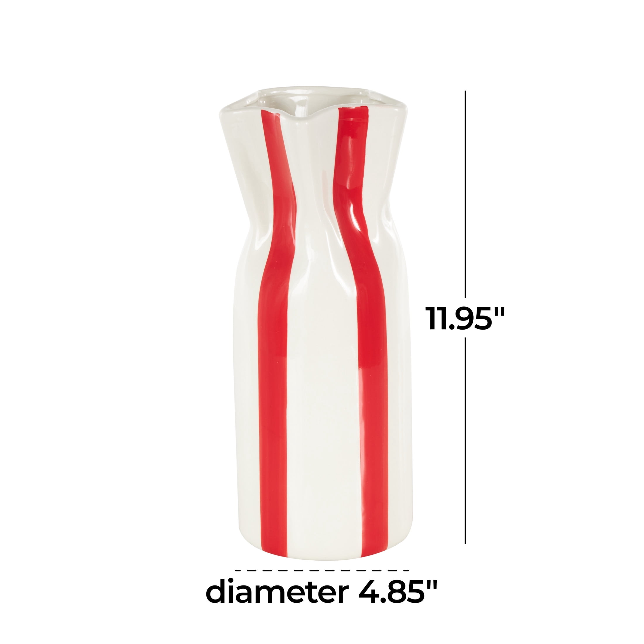 DecMode 12" Round Red Ceramic Vase with White Vertical Stripes