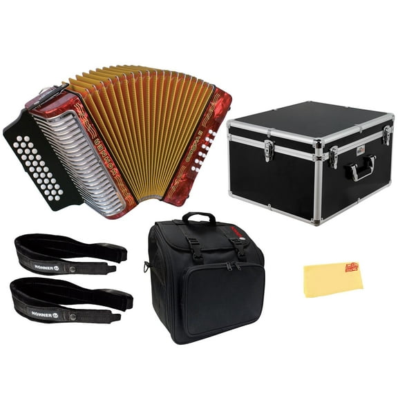 Hohner Corona II F/Bb/Eb Accordion - Pearl Red Bundle with Case, Gig Bag, Straps, and Austin Bazaar Polishing Cloth