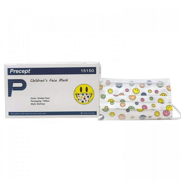 Precept Children's Face Masks, Pleated, Earloops, Child-sized, Happy Face Print, Non-sterile, 75 Count