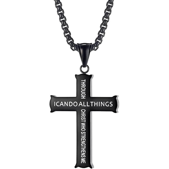 Yoqb Mens Black Cross Chain Necklace for Men First Communion Gifts for Him Catholic Cross Necklace I Can Do All Things Through Christ Bible Verse NecklaceA108