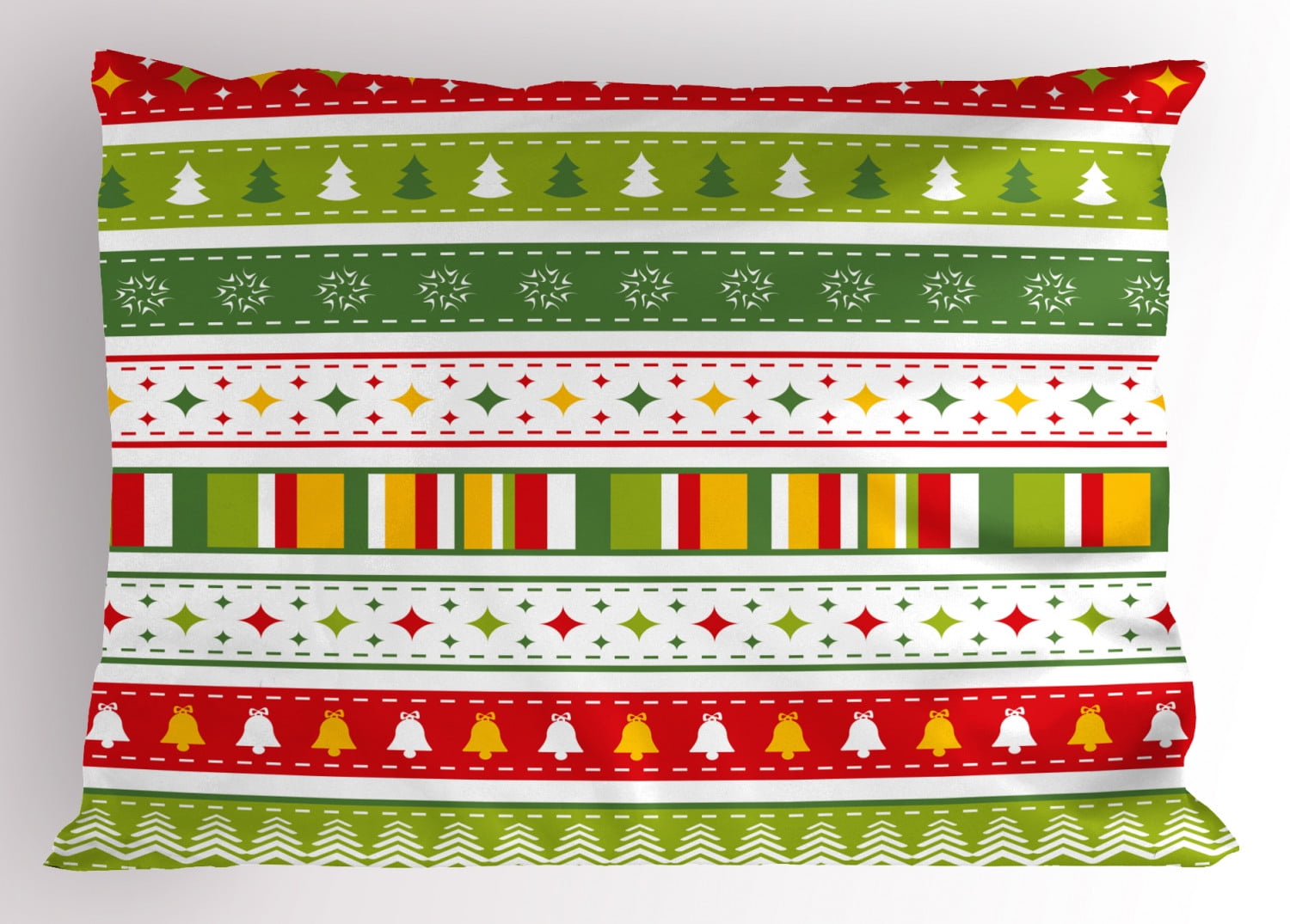 Christmas Pillow Sham Set of Traditional Seasonal Borders Stars Bells