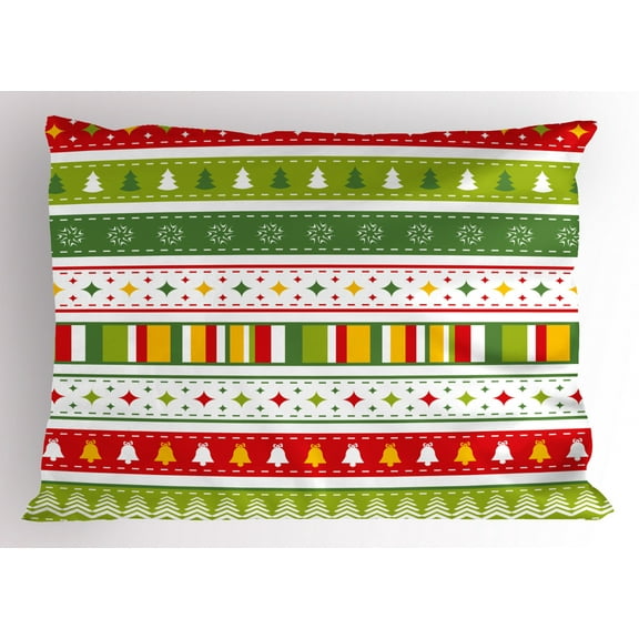 Christmas Pillow Sham Set of Traditional Seasonal Borders Stars Bells Trees Stripes Print, Decorative Standard Queen Size Printed Pillowcase, 30 X 20 Inches, Lime Green Yellow Red, by Ambesonne