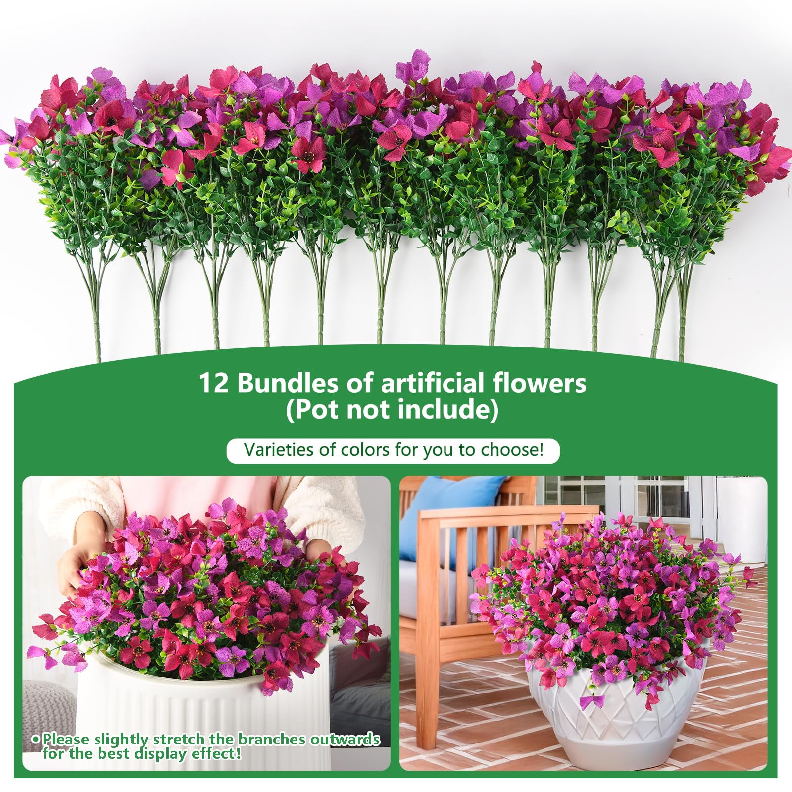 Artificial Fake Flowers for Outdoors Spring Decor 12 Bundles Faux Silk Flowers Outside UV Resistant Plants