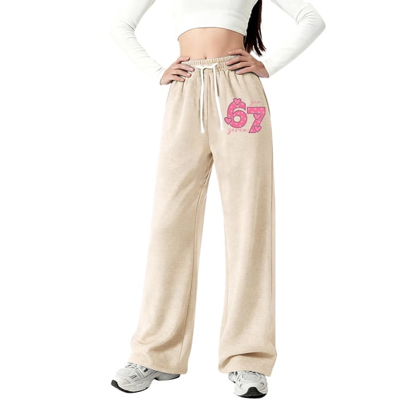 67 Six Seven Letter Pants For Kids Pants Casual Girls Printed Loose Fit Lightweight Jogger Pants Straight Leg Athletic Trousers With Side Pockets Beige 120(6-7 Years)