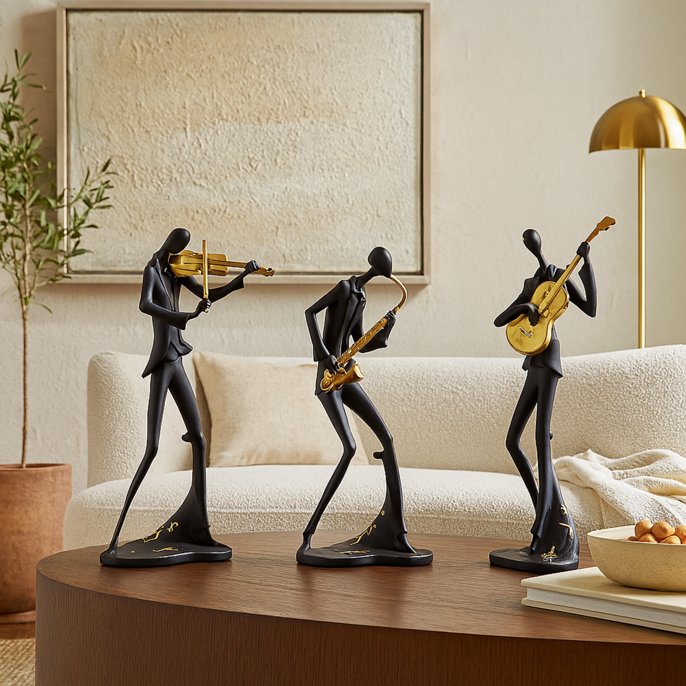 15", 13", 15"H Black Polystone Abstract Musician Sculpture with Gold Instruments and Music Notes, by DecMode (3 Count)