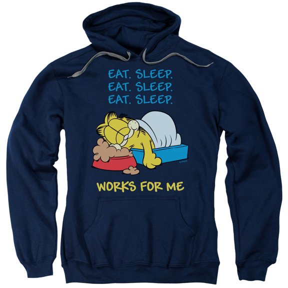 Garfield Works For Me Adult Pullover Hoodie Sweatshirt Navy