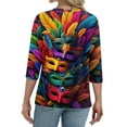 thumbnail image 4 of Mardi Gras Shirts for Women Feathers Print Sparkly 3/4 Sleeve Graphic Tee Glitter V Neck Holiday Tunic Tops Yellow M, 4 of 5