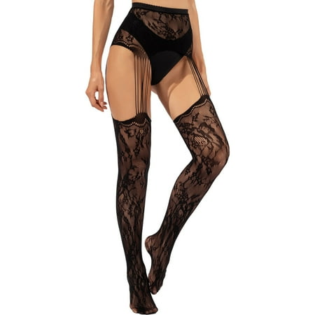 

Women Black Stockings With Belt Set High Tights Lingerie Pantyhose Floral Print Long Mesh Lace Stocking E
