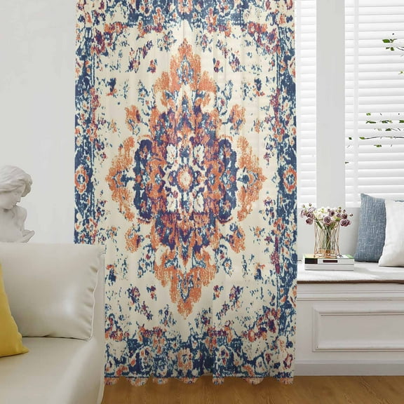Boho Orange Blue Semi Sheer Curtains Drapes for Living Room, Bedroom, French Doors Window 54 Inches Long, Boho Vintage Geometric Ethnic Art Rod Pocket Chiffon Curtain Drapery Voile Draperies Panel